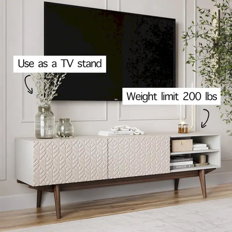 Meuble TV Mid-Century – Pieds en bois massif, Rangement à ouverture par pression, 3 Tailles