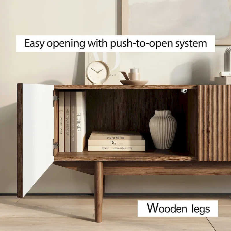 Meuble TV Mid-Century – Pieds en bois massif, Rangement à ouverture par pression, 3 Tailles