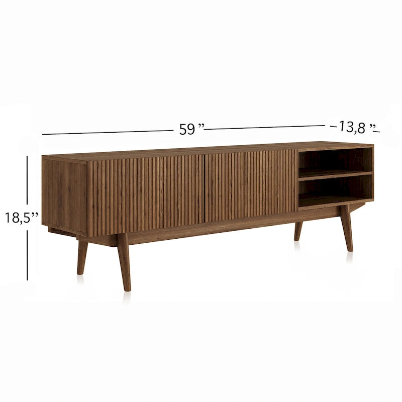 Meuble TV Mid-Century – Pieds en bois massif, Rangement à ouverture par pression, 3 Tailles