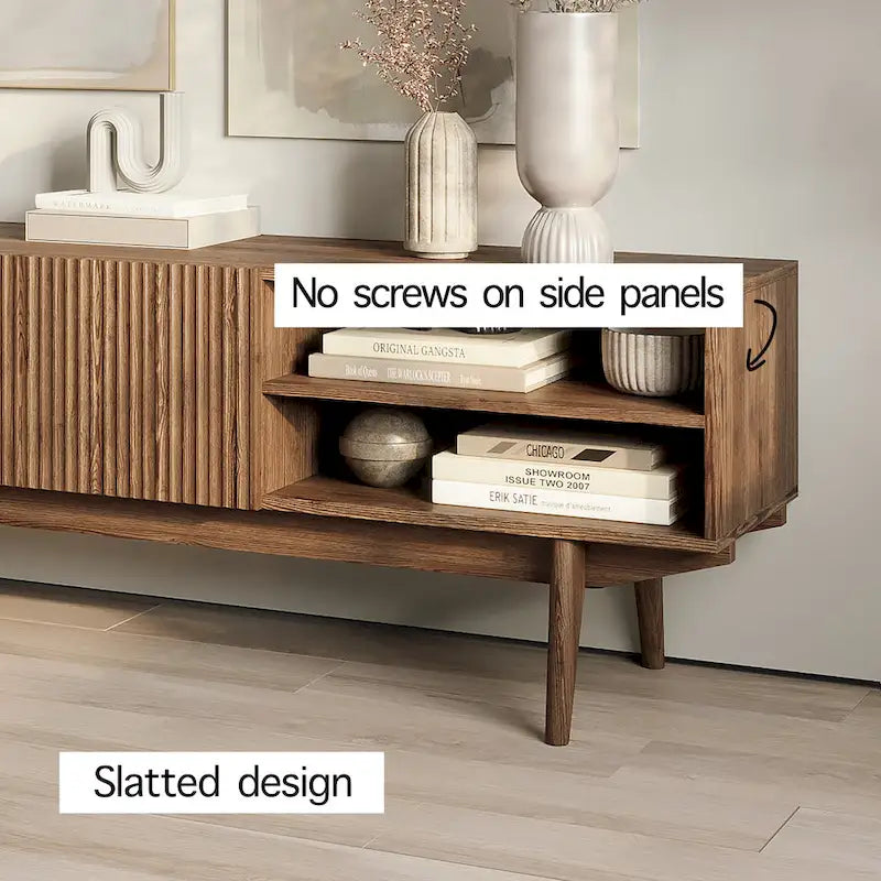 Meuble TV Mid-Century – Pieds en bois massif, Rangement à ouverture par pression, 3 Tailles