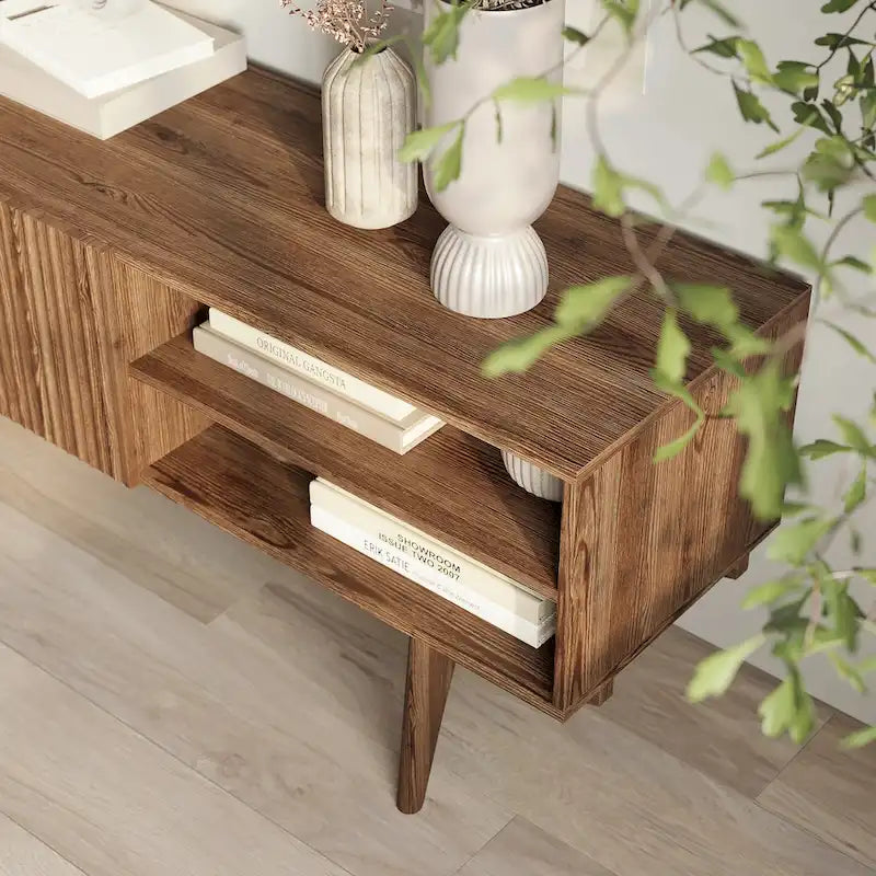 Meuble TV Mid-Century – Pieds en bois massif, Rangement à ouverture par pression, 3 Tailles
