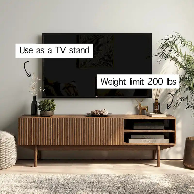 Meuble TV Mid-Century – Pieds en bois massif, Rangement à ouverture par pression, 3 Tailles