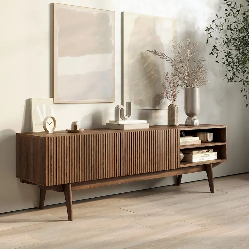 Meuble TV Mid-Century – Pieds en bois massif, Rangement à ouverture par pression, 3 Tailles