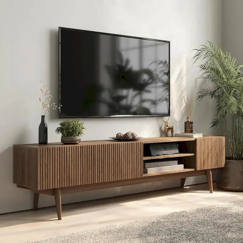 Meuble TV Mid-Century – Pieds en bois massif, Rangement à ouverture par pression, 3 Tailles