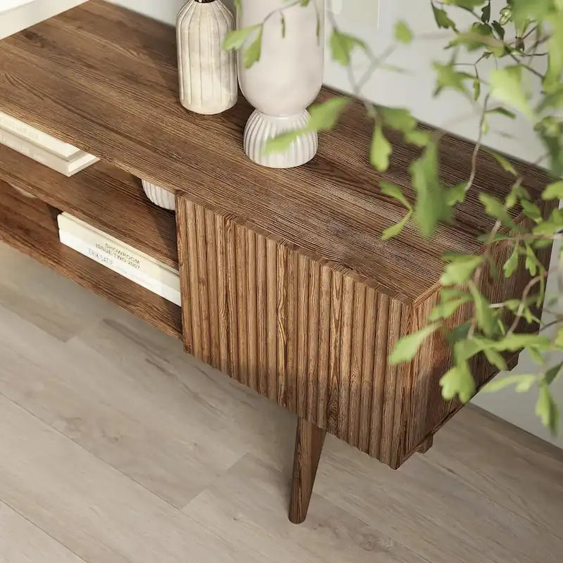 Meuble TV Mid-Century – Pieds en bois massif, Rangement à ouverture par pression, 3 Tailles