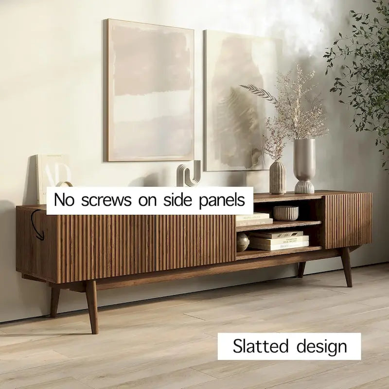 Meuble TV Mid-Century – Pieds en bois massif, Rangement à ouverture par pression, 3 Tailles