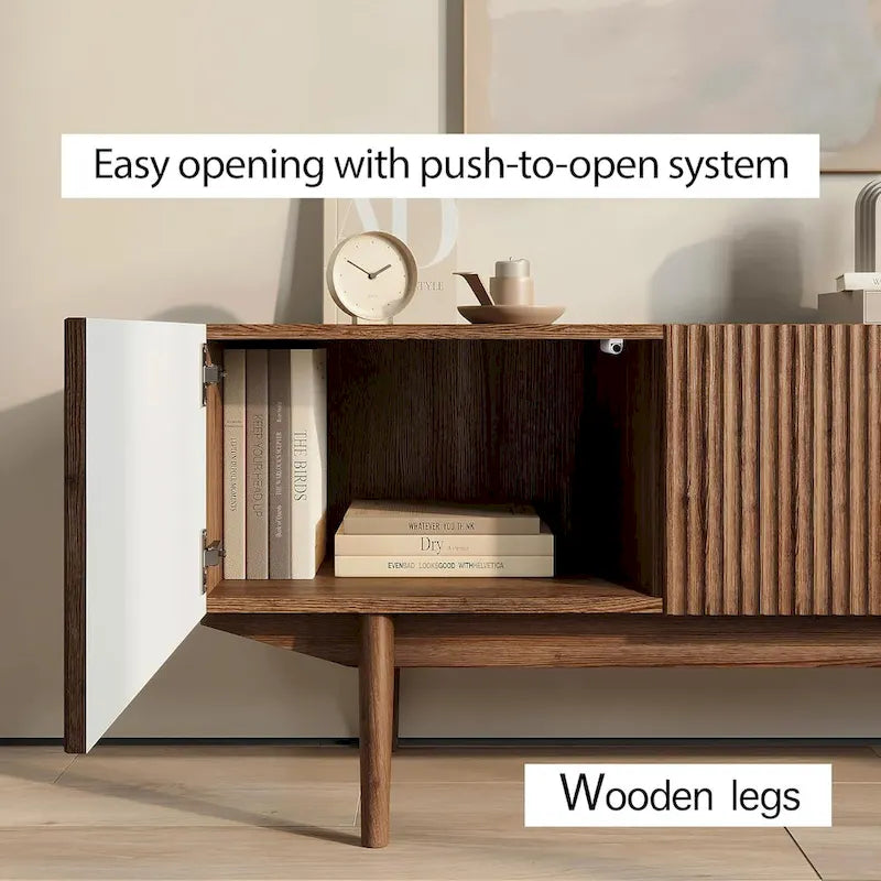Meuble TV Mid-Century – Pieds en bois massif, Rangement à ouverture par pression, 3 Tailles