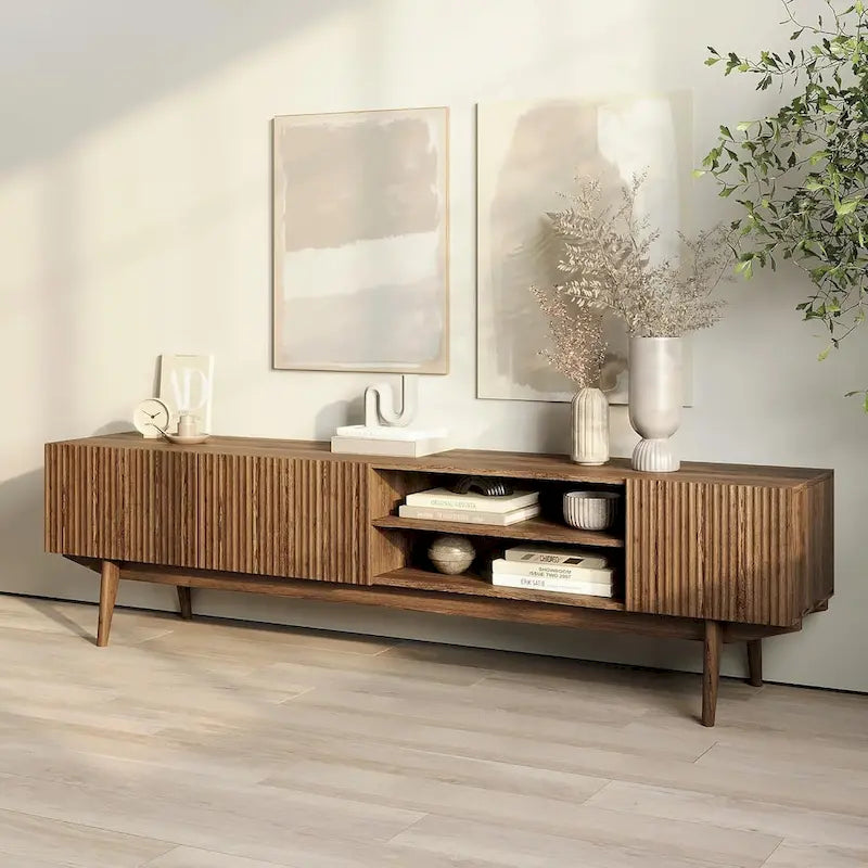 Meuble TV Mid-Century – Pieds en bois massif, Rangement à ouverture par pression, 3 Tailles