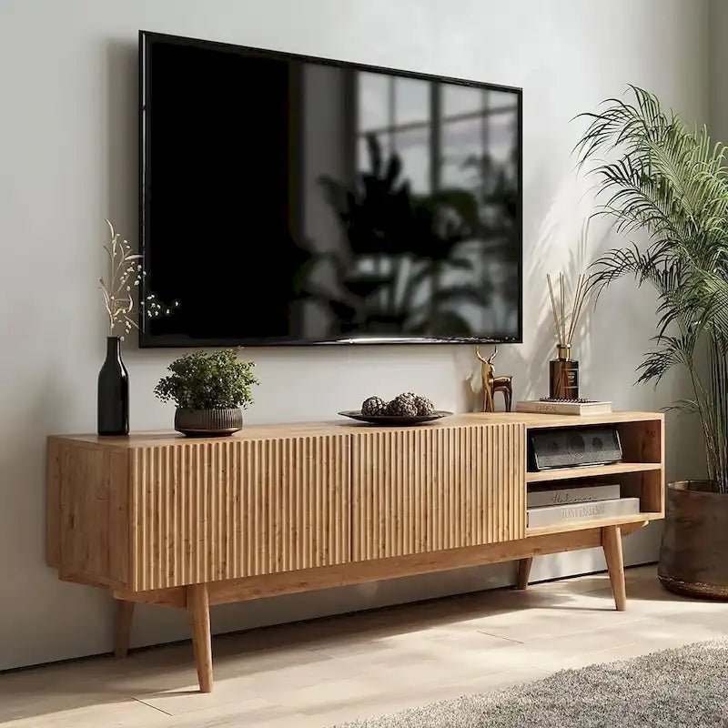 Meuble TV Mid-Century – Pieds en bois massif, Rangement à ouverture par pression, 3 Tailles