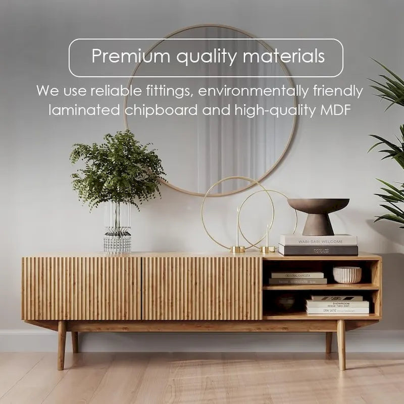 Meuble TV Mid-Century – Pieds en bois massif, Rangement à ouverture par pression, 3 Tailles