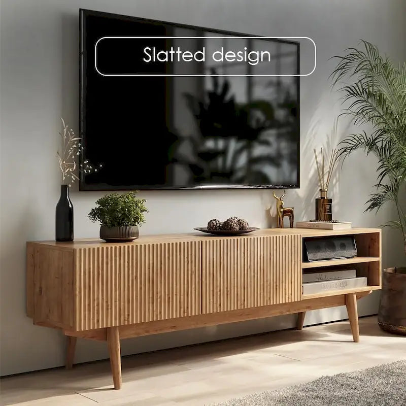 Meuble TV Mid-Century – Pieds en bois massif, Rangement à ouverture par pression, 3 Tailles