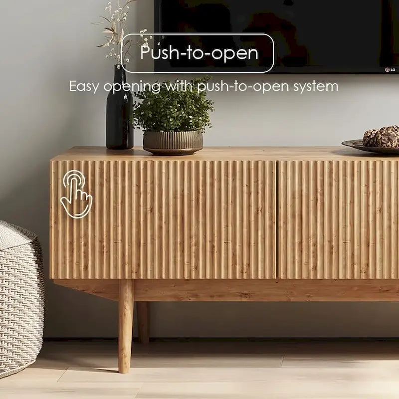 Meuble TV Mid-Century – Pieds en bois massif, Rangement à ouverture par pression, 3 Tailles