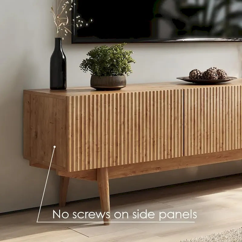Meuble TV Mid-Century – Pieds en bois massif, Rangement à ouverture par pression, 3 Tailles