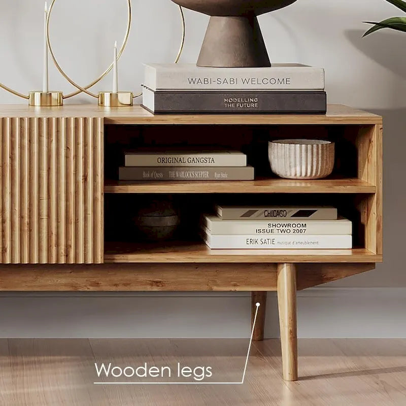 Meuble TV Mid-Century – Pieds en bois massif, Rangement à ouverture par pression, 3 Tailles