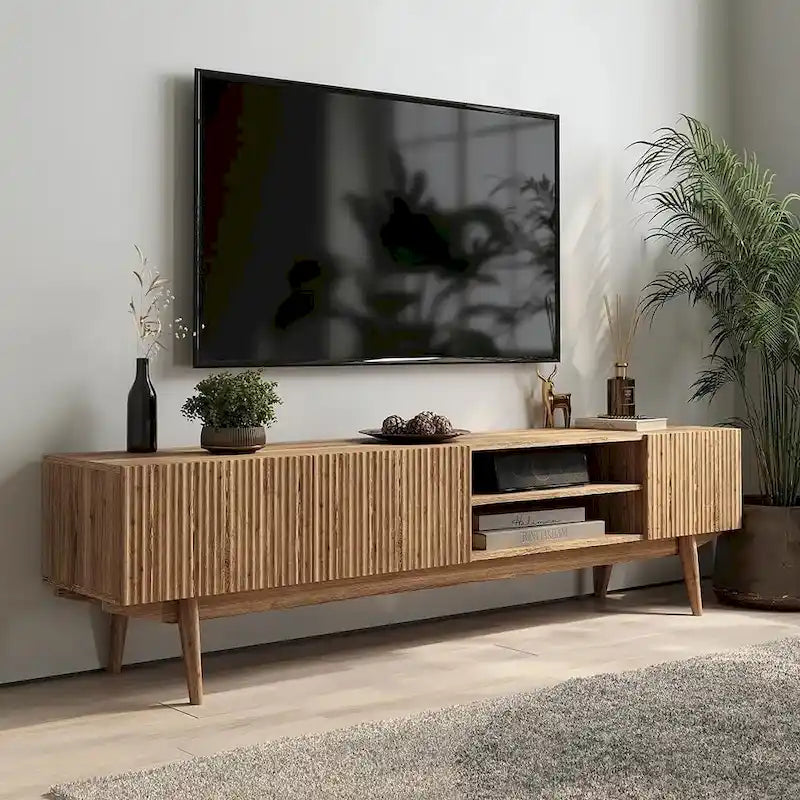Meuble TV Mid-Century – Pieds en bois massif, Rangement à ouverture par pression, 3 Tailles