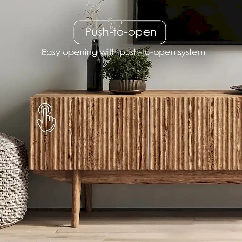 Meuble TV Mid-Century – Pieds en bois massif, Rangement à ouverture par pression, 3 Tailles