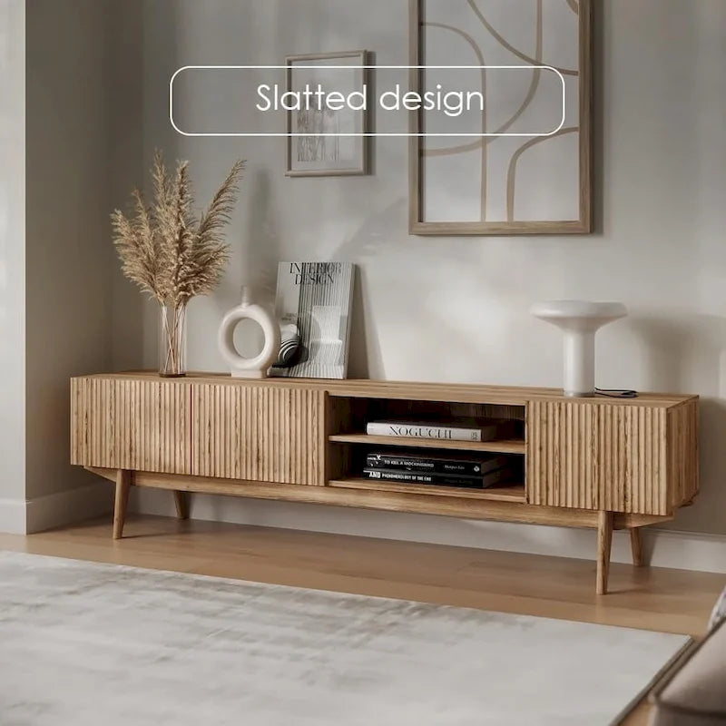 Meuble TV Mid-Century – Pieds en bois massif, Rangement à ouverture par pression, 3 Tailles