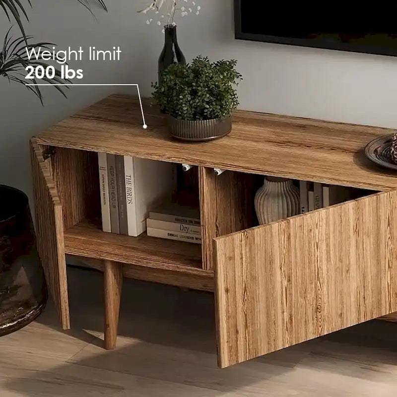 Meuble TV Mid-Century – Pieds en bois massif, Rangement à ouverture par pression, 3 Tailles