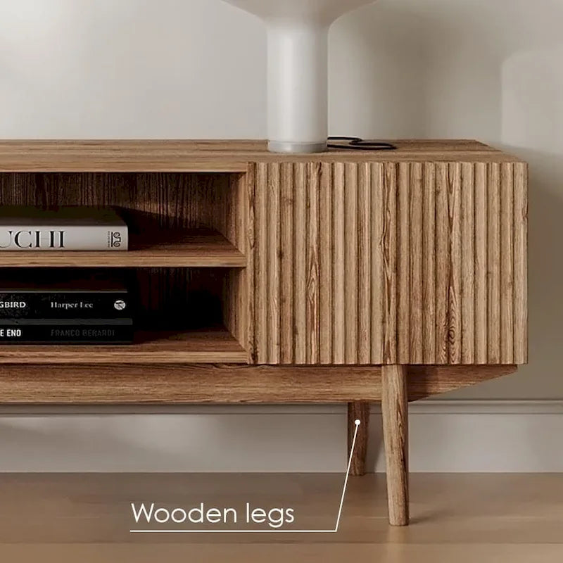 Meuble TV Mid-Century – Pieds en bois massif, Rangement à ouverture par pression, 3 Tailles