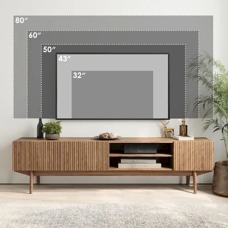 Meuble TV Mid-Century – Pieds en bois massif, Rangement à ouverture par pression, 3 Tailles