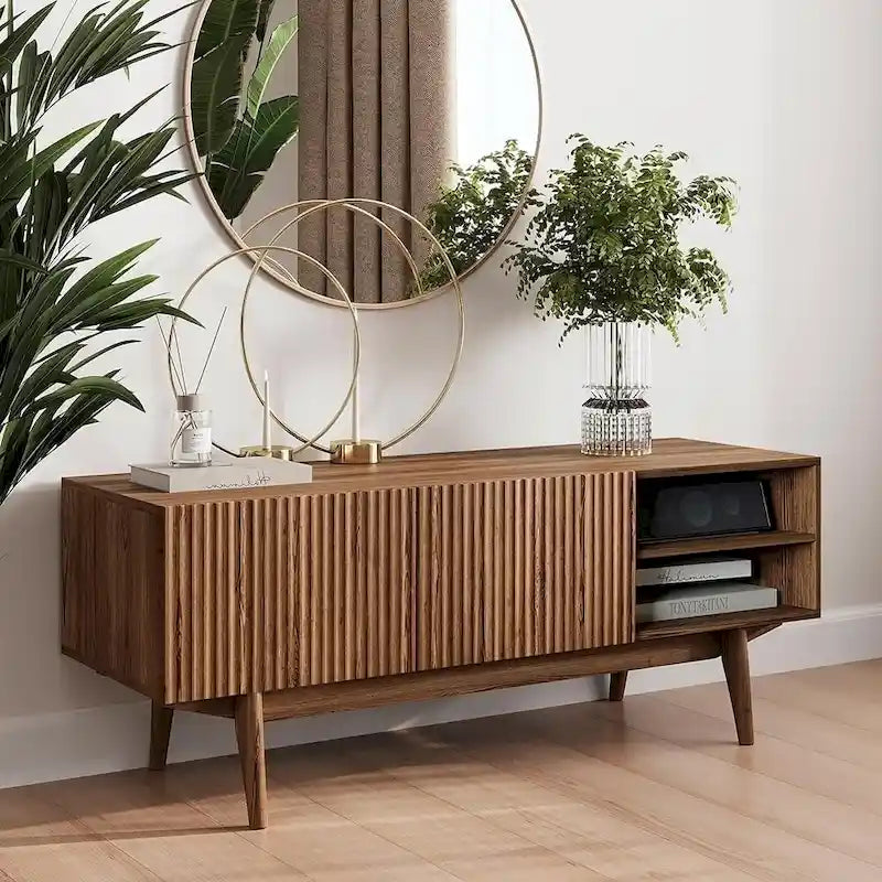 Meuble TV Mid-Century – Pieds en bois massif, Rangement à ouverture par pression, 3 Tailles