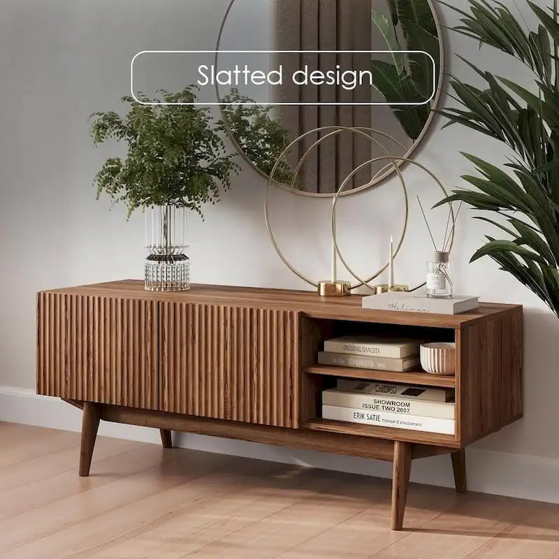 Meuble TV Mid-Century – Pieds en bois massif, Rangement à ouverture par pression, 3 Tailles
