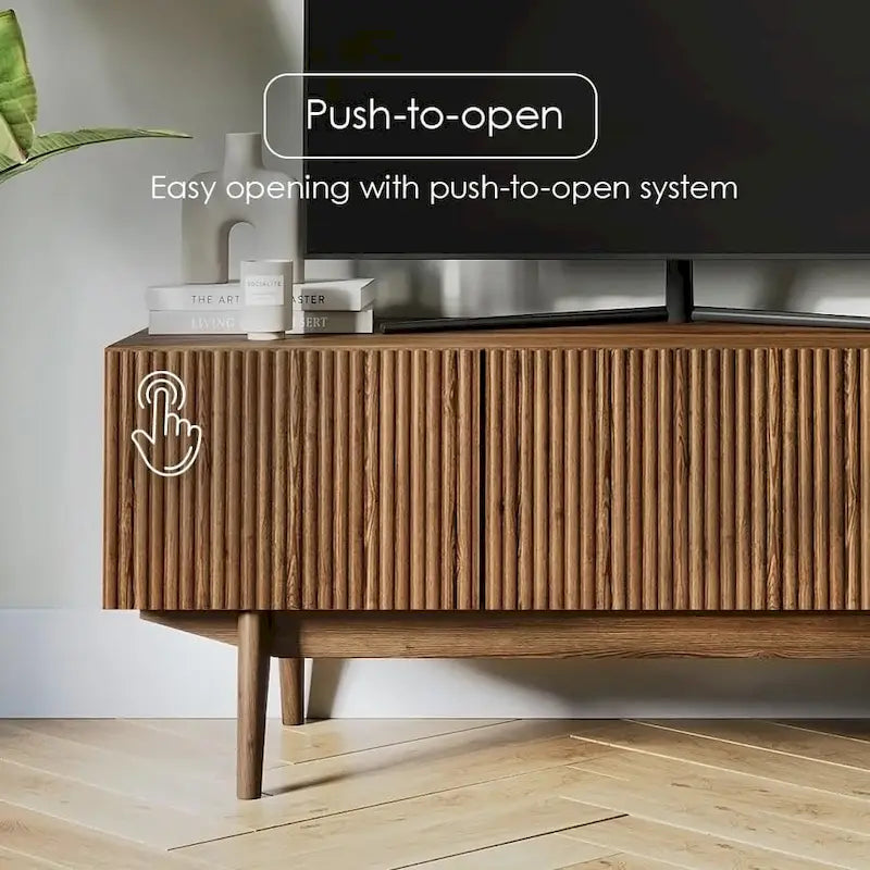 Meuble TV Mid-Century – Pieds en bois massif, Rangement à ouverture par pression, 3 Tailles