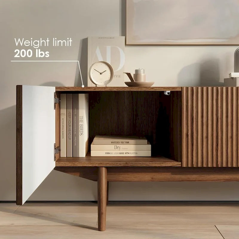 Meuble TV Mid-Century – Pieds en bois massif, Rangement à ouverture par pression, 3 Tailles