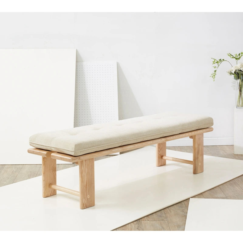 Banc capitonné rustique moderne – Assise en lin de 61" avec base en bois de frêne