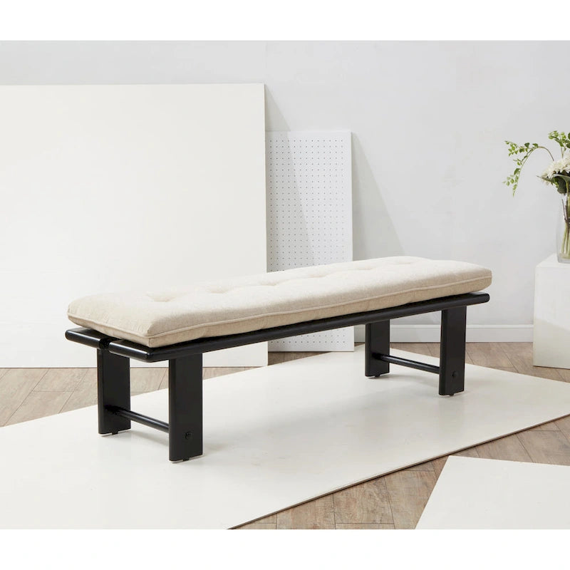Banc capitonné rustique moderne – Assise en lin de 61" avec base en bois de frêne