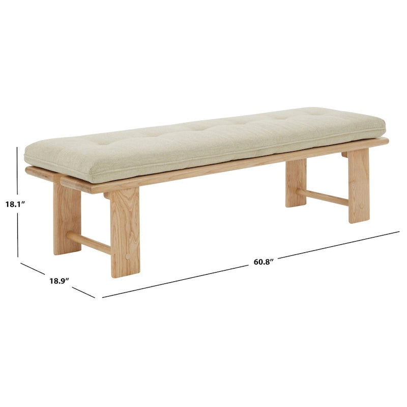 Banc capitonné rustique moderne – Assise en lin de 61" avec base en bois de frêne
