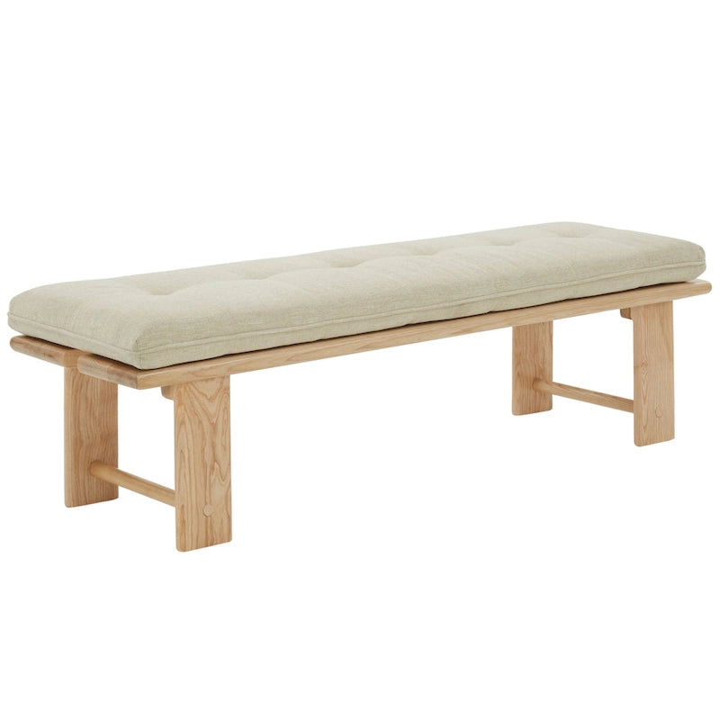 Banc capitonné rustique moderne – Assise en lin de 61" avec base en bois de frêne