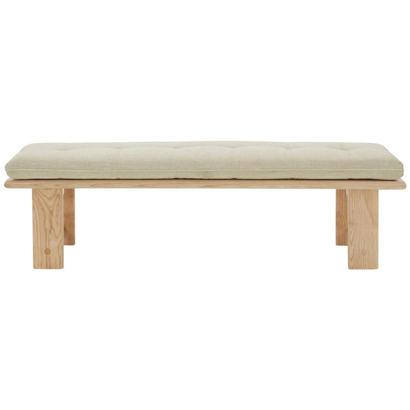 Banc capitonné rustique moderne – Assise en lin de 61" avec base en bois de frêne