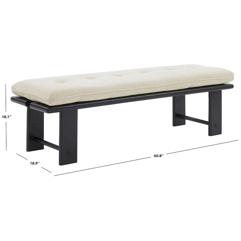 Banc capitonné rustique moderne – Assise en lin de 61" avec base en bois de frêne