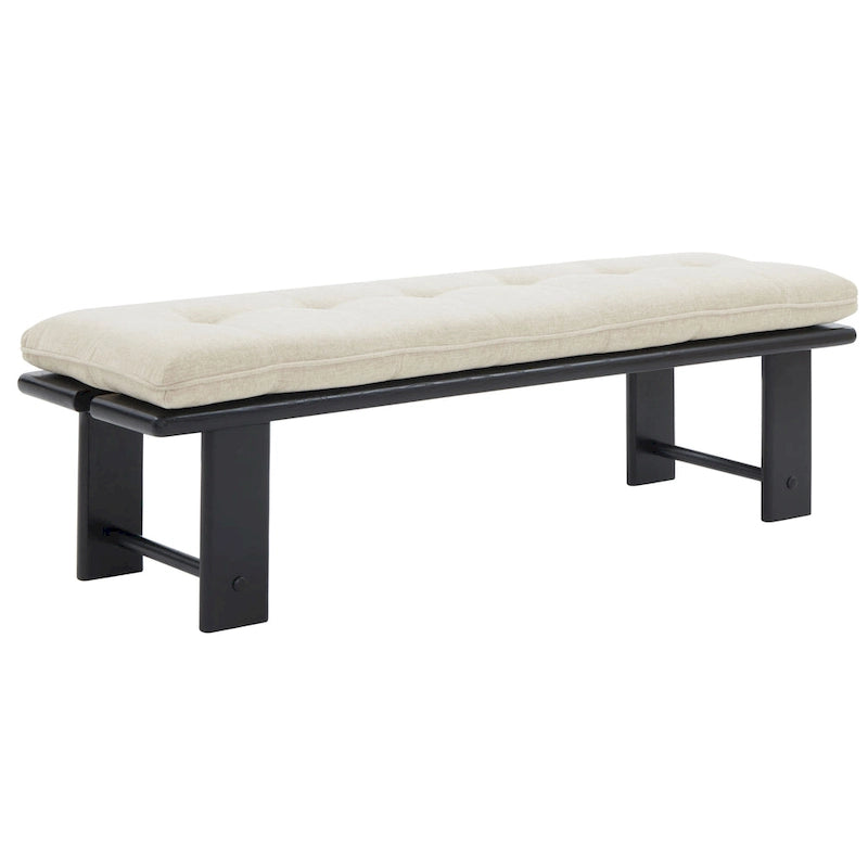 Banc capitonné rustique moderne – Assise en lin de 61" avec base en bois de frêne