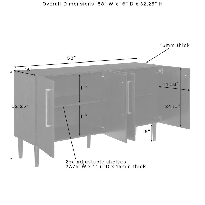 Buffet Mid-Century Modern – 157 cm, Pieds effilés et Quincaillerie en or brossé