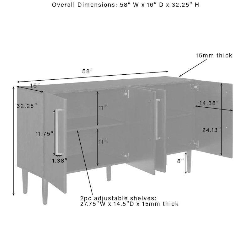 Buffet Mid-Century Modern – 157 cm, Pieds effilés et Quincaillerie en or brossé