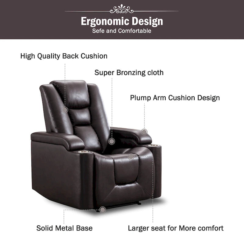 Fauteuil inclinable électrique contemporain pour home cinéma – Similicuir avec porte-gobelets et ports USB