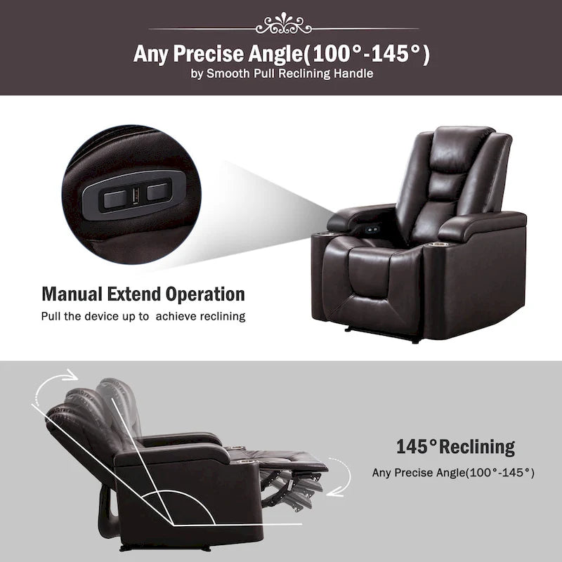 Fauteuil inclinable électrique contemporain pour home cinéma – Similicuir avec porte-gobelets et ports USB