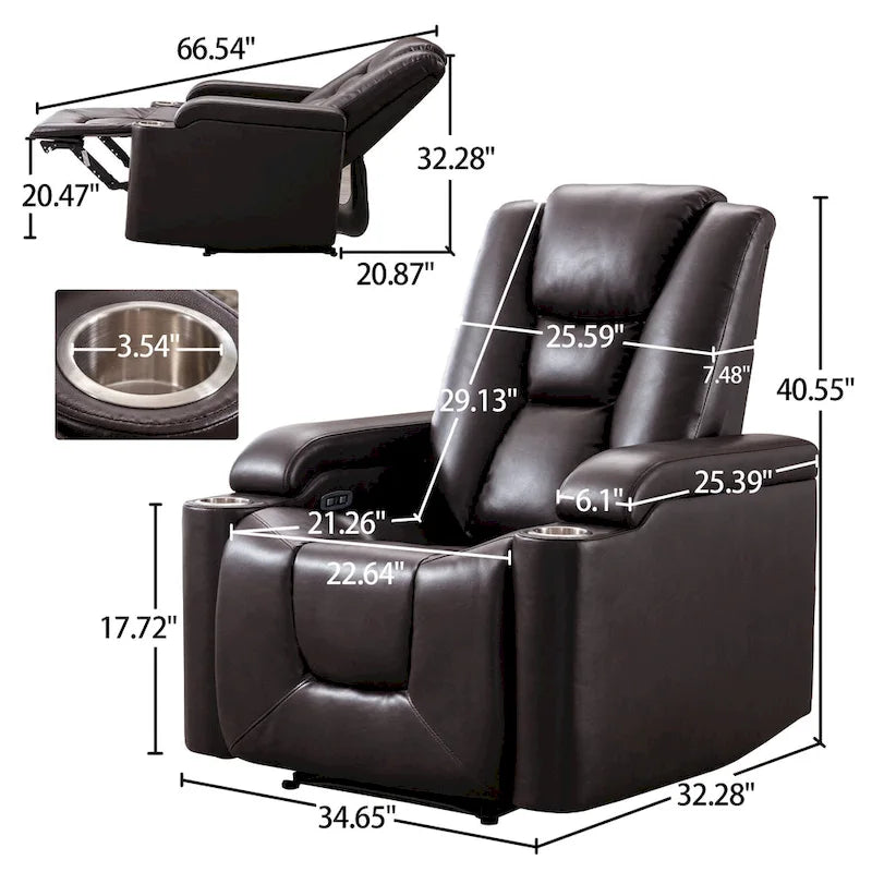 Fauteuil inclinable électrique contemporain pour home cinéma – Similicuir avec porte-gobelets et ports USB