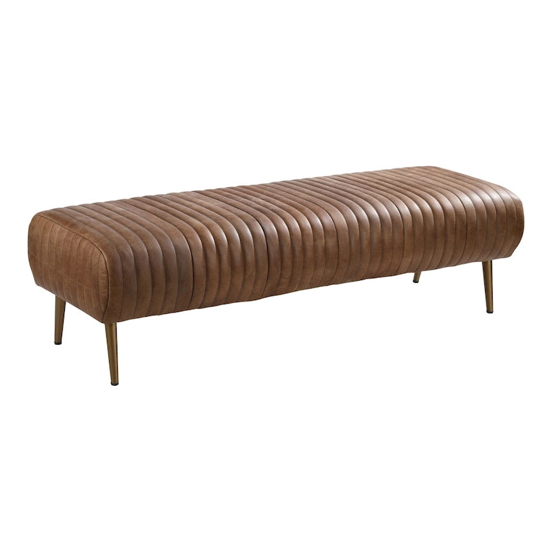 Banc contemporain en cuir pleine fleur côtelé – 150 cm, pieds en laiton, 3 places