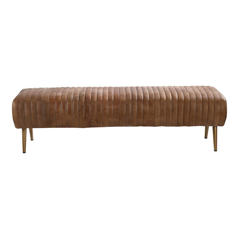 Banc contemporain en cuir pleine fleur côtelé – 150 cm, pieds en laiton, 3 places