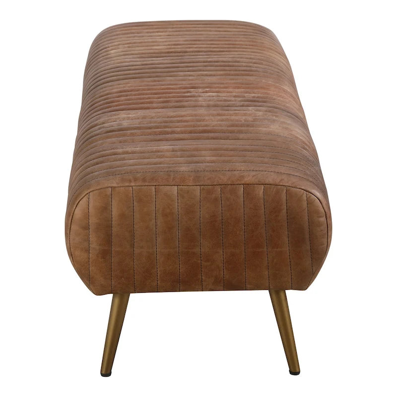 Banc contemporain en cuir pleine fleur côtelé – 150 cm, pieds en laiton, 3 places