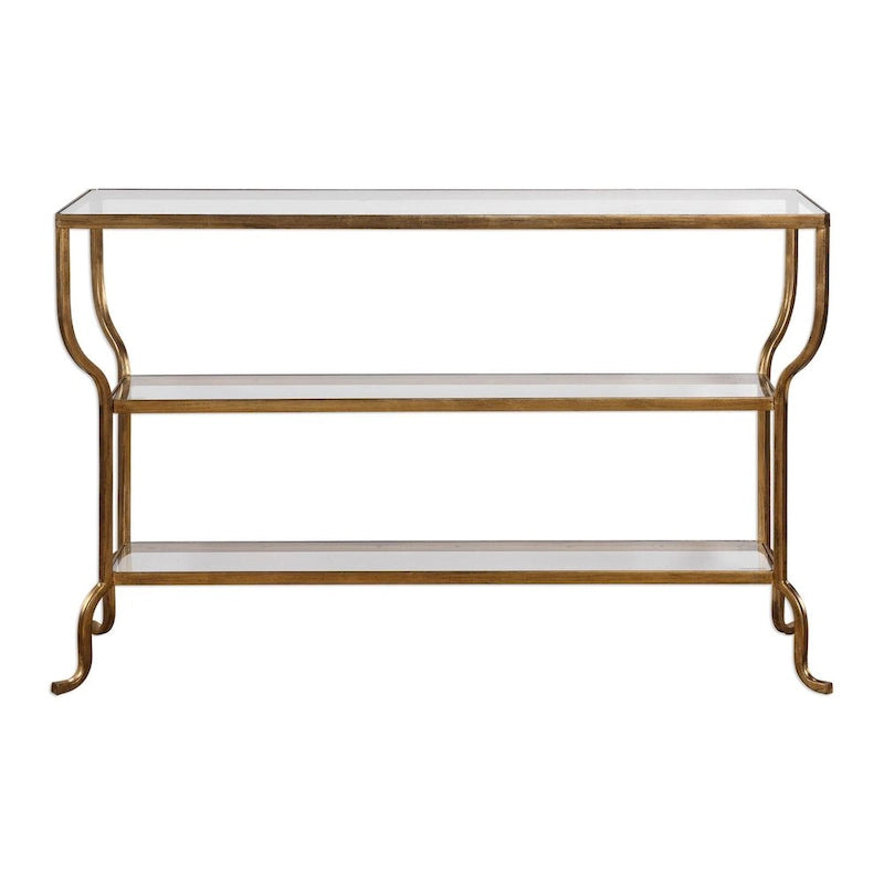 Console Art Déco – Structure en fer forgé doré vieilli avec étagères en verre trempé