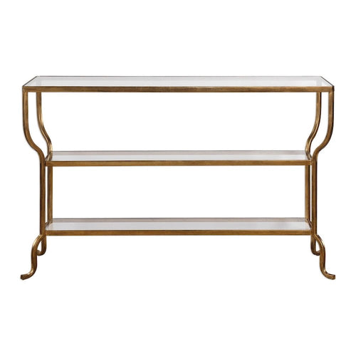 Console Art Déco – Structure en fer forgé doré vieilli avec étagères en verre trempé
