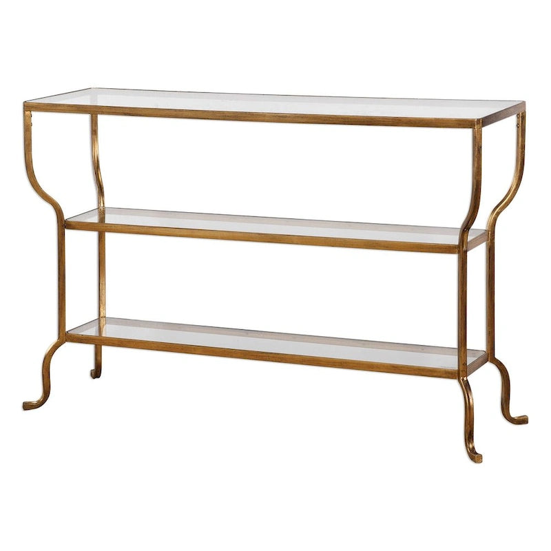 Console Art Déco – Structure en fer forgé doré vieilli avec étagères en verre trempé