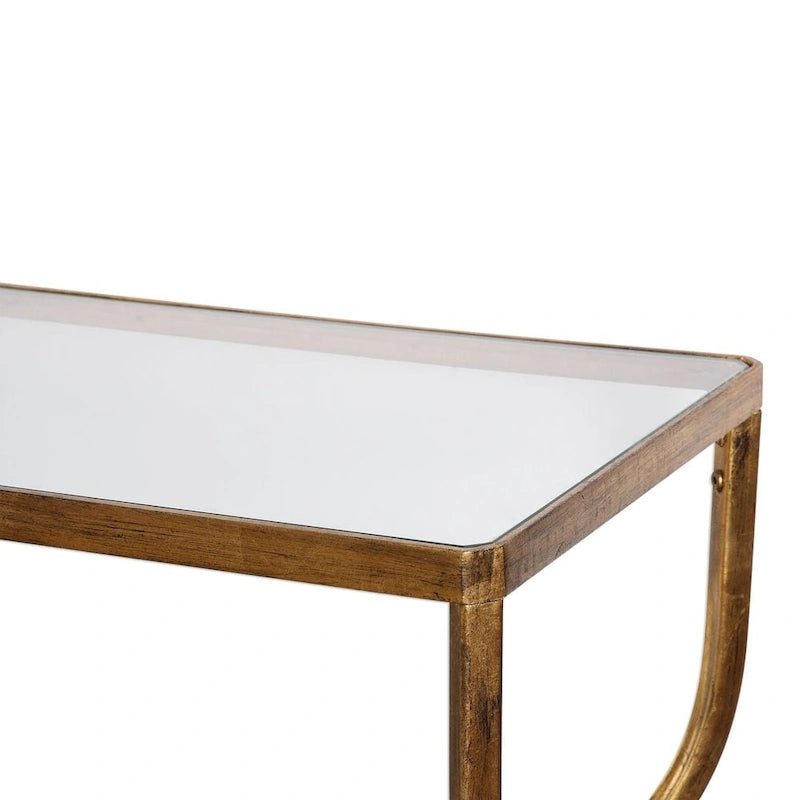 Console Art Déco – Structure en fer forgé doré vieilli avec étagères en verre trempé