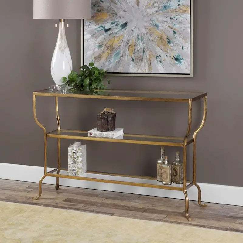 Console Art Déco – Structure en fer forgé doré vieilli avec étagères en verre trempé