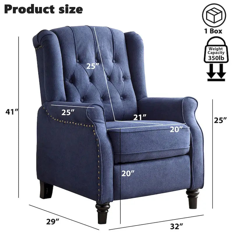Fauteuil inclinable contemporain à pousser – Capitonnage diamant, garniture cloutée, 4 couleurs