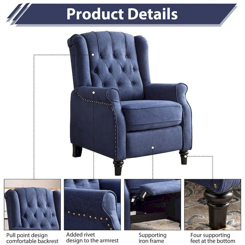 Fauteuil inclinable contemporain à pousser – Capitonnage diamant, garniture cloutée, 4 couleurs